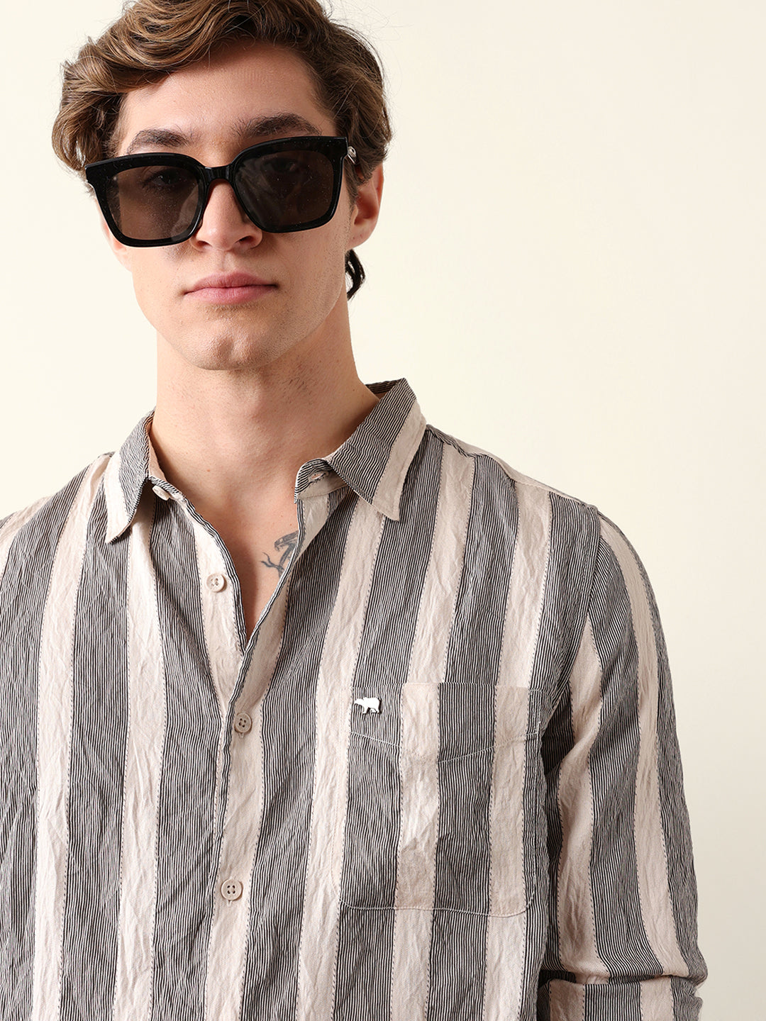 Beige Regular Fit Vertical Crinkle Stripe Casual Shirt