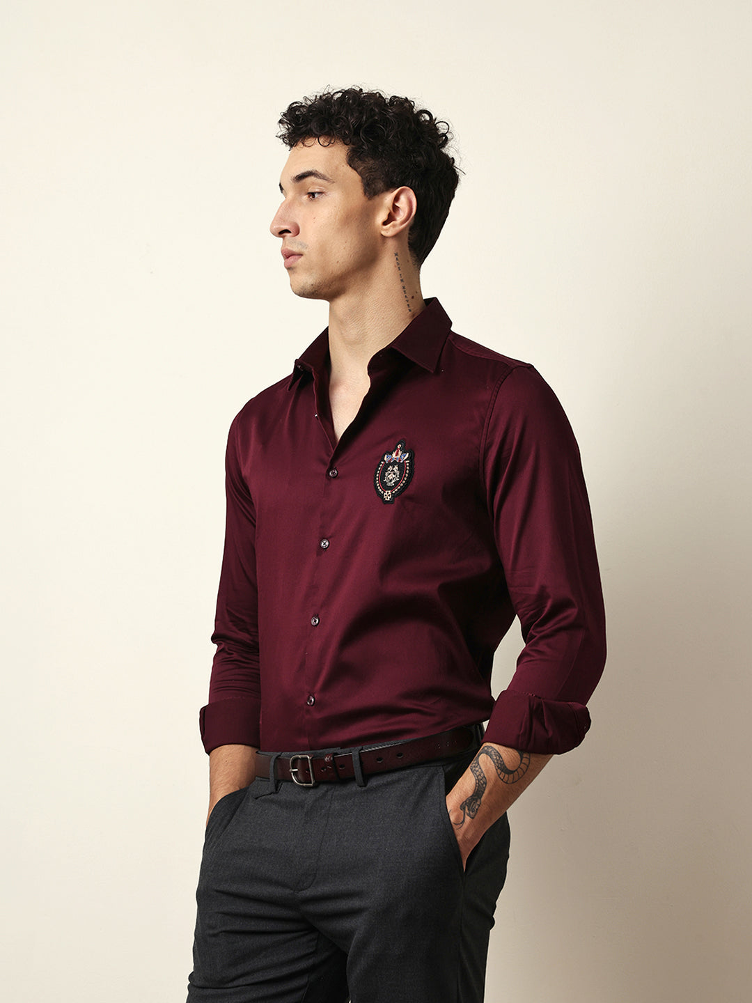 Maroon Tailored Fit Regal Crest Embroidery Formal Party Shirt