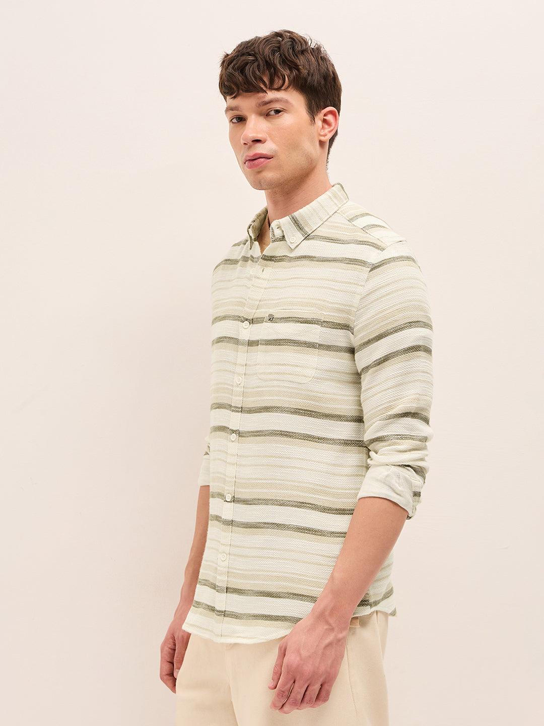 Beige Slim Fit Casual Shirt with Woven Horizontal Textured Stripes
