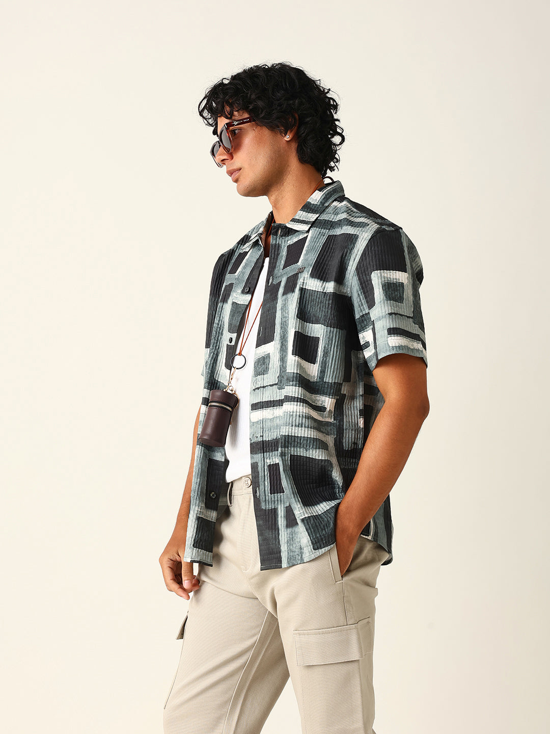 Green & Black Abstract Geometric Printed Relaxed Fit Casual Shirt