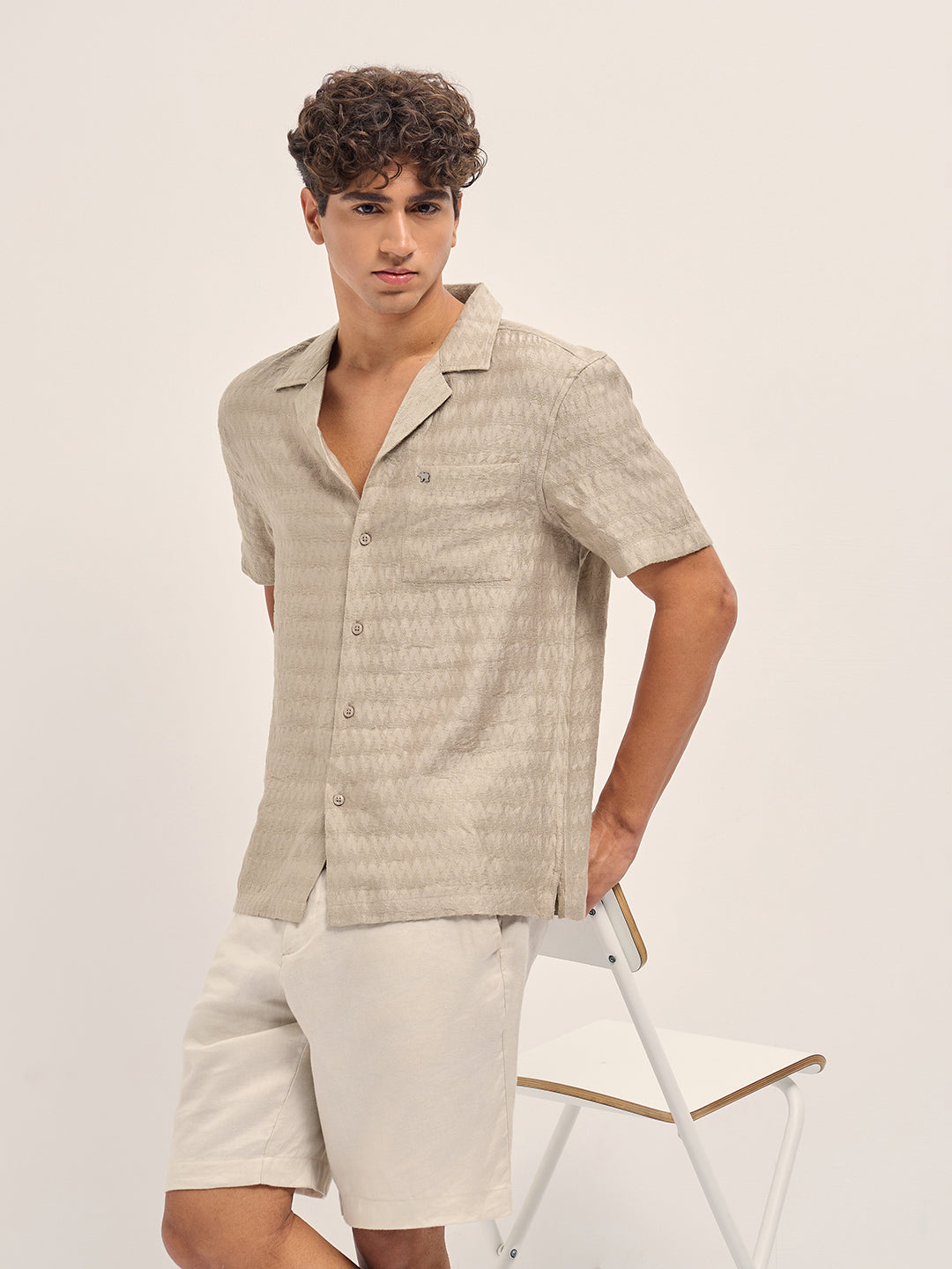 Beige Zigzag Textured Weave Relaxed Fit Half Sleeve Casual Shirt