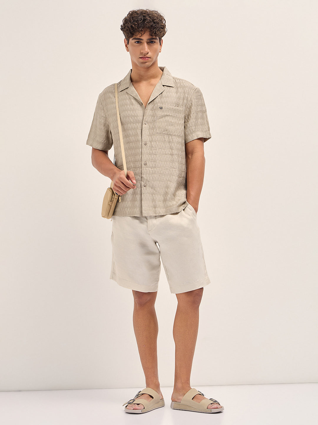 Beige Zigzag Textured Weave Relaxed Fit Half Sleeve Casual Shirt