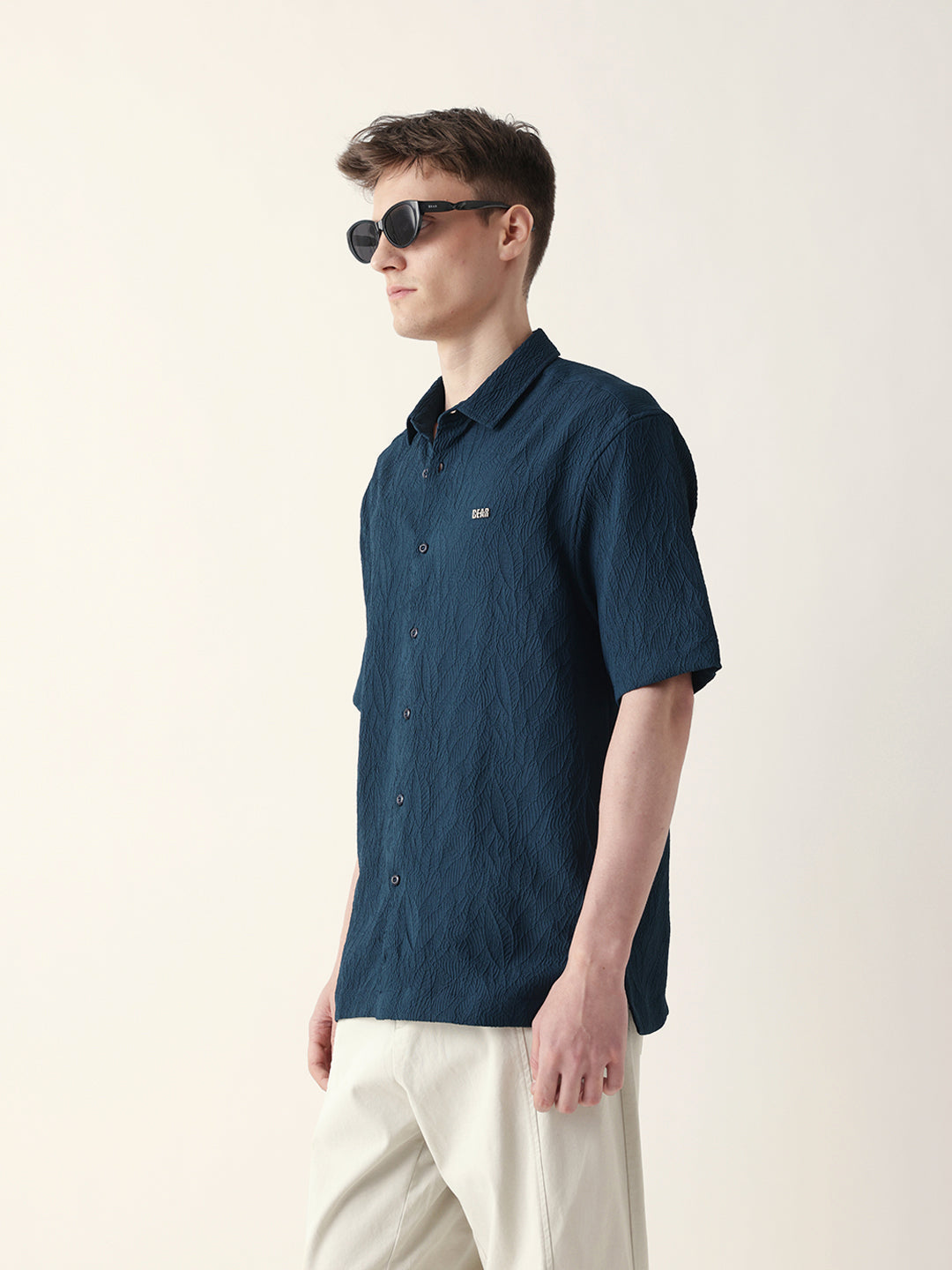Dark Teal All-Over Textured Leaf Motif Oversized Shirt with Half Sleeves