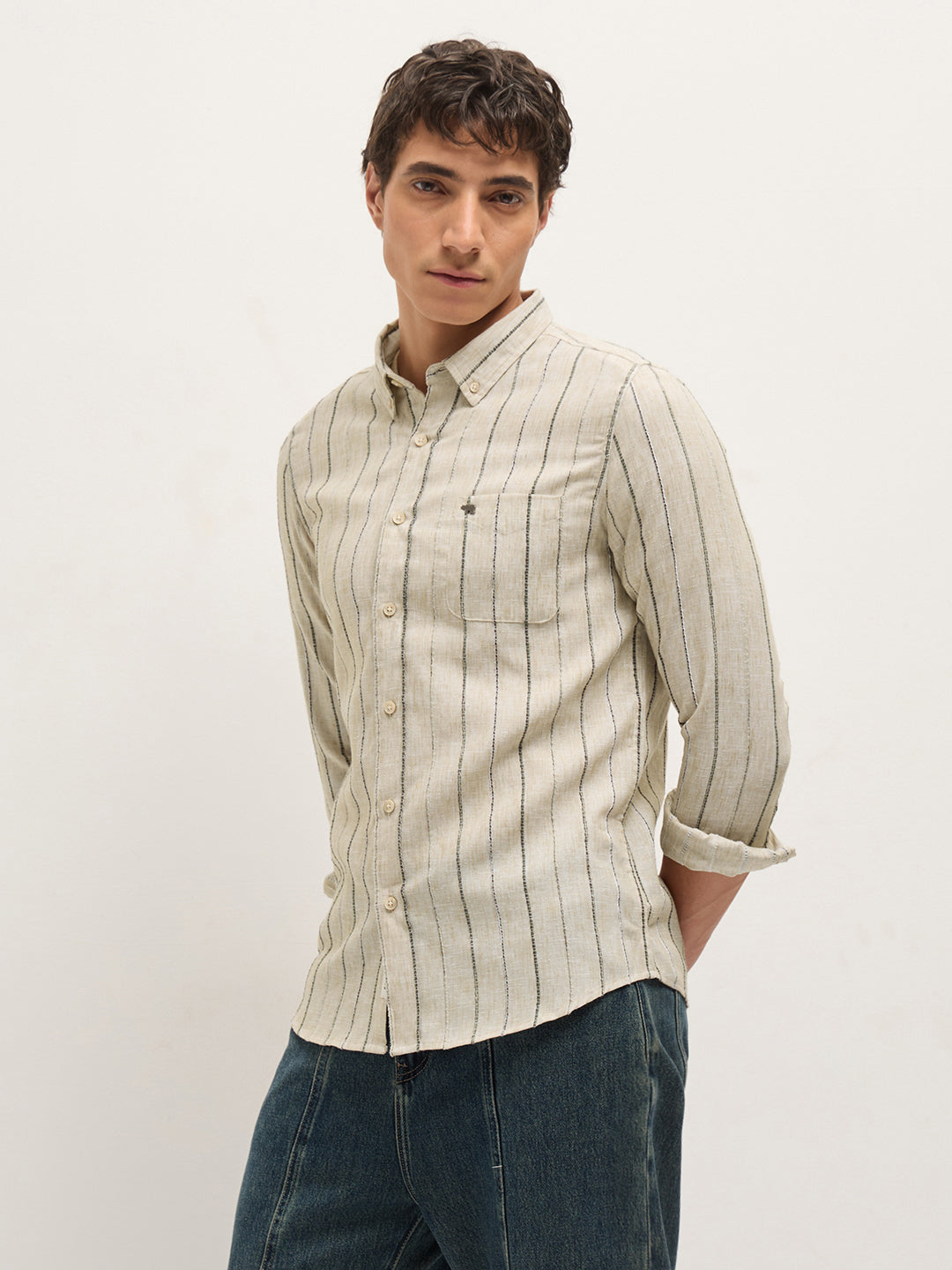 Beige Woven Vertical Stripes Slim Fit Casual Shirt