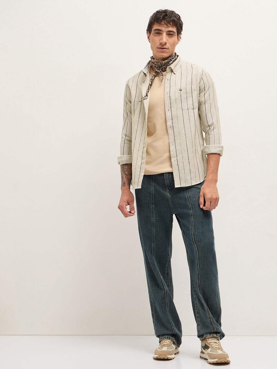 Beige Woven Vertical Stripes Slim Fit Casual Shirt