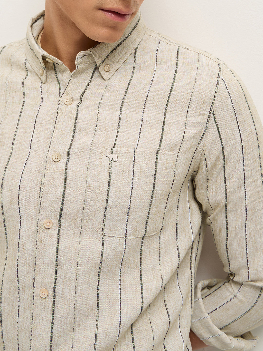 Beige Woven Vertical Stripes Slim Fit Casual Shirt