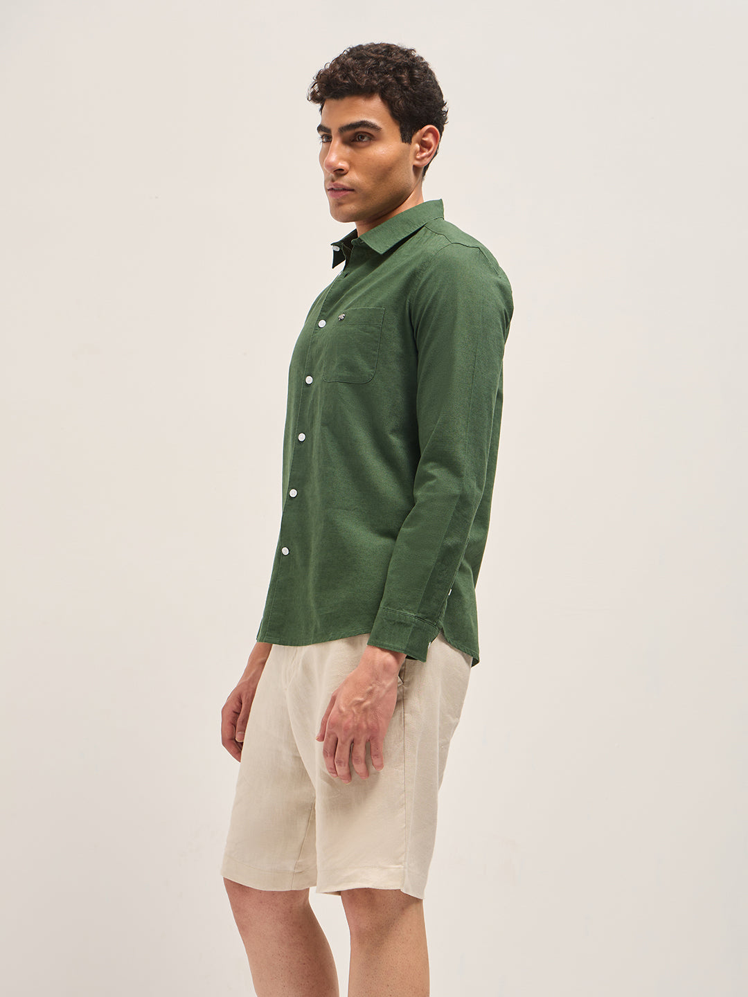 Green Cotton Linen Slim Fit Solid Casual Shirt