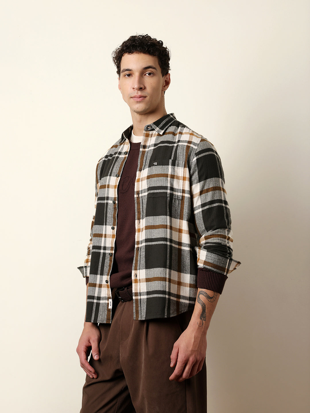 Multicolor Herringbone Flannel Checked Regular Fit Casual Shirt