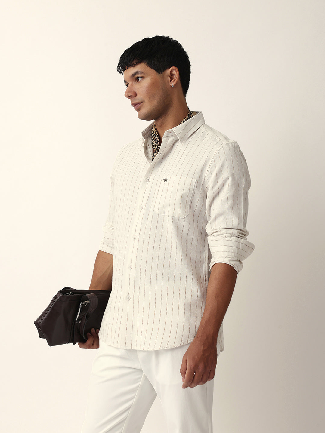 White Vertical Striped Slim Fit Casual Shirt with Textured Stitch Detailing