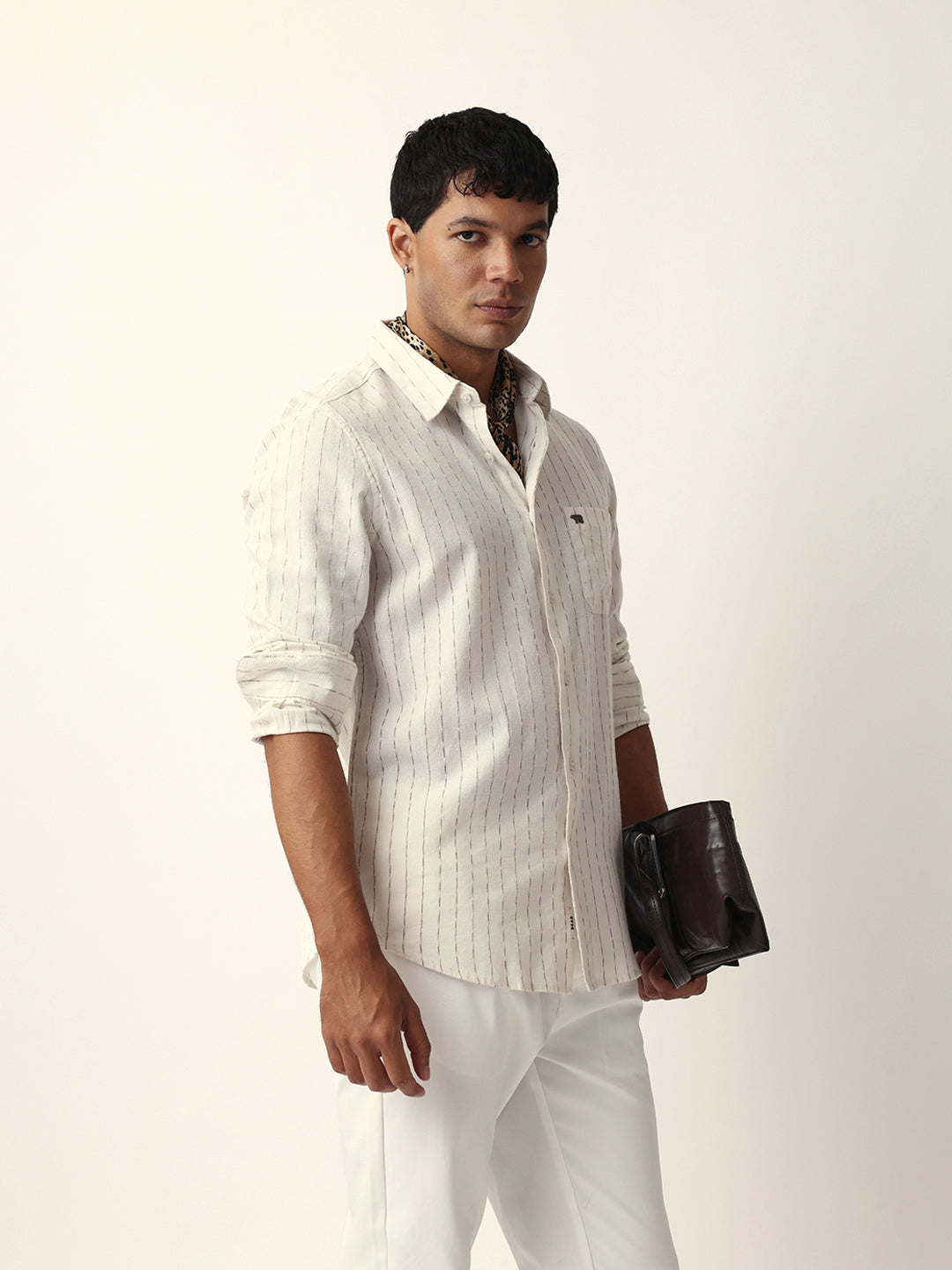 White Vertical Striped Slim Fit Casual Shirt with Textured Stitch Detailing
