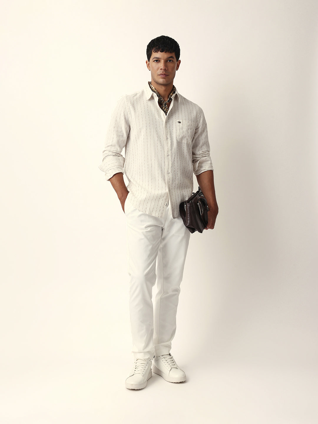 White Vertical Striped Slim Fit Casual Shirt with Textured Stitch Detailing