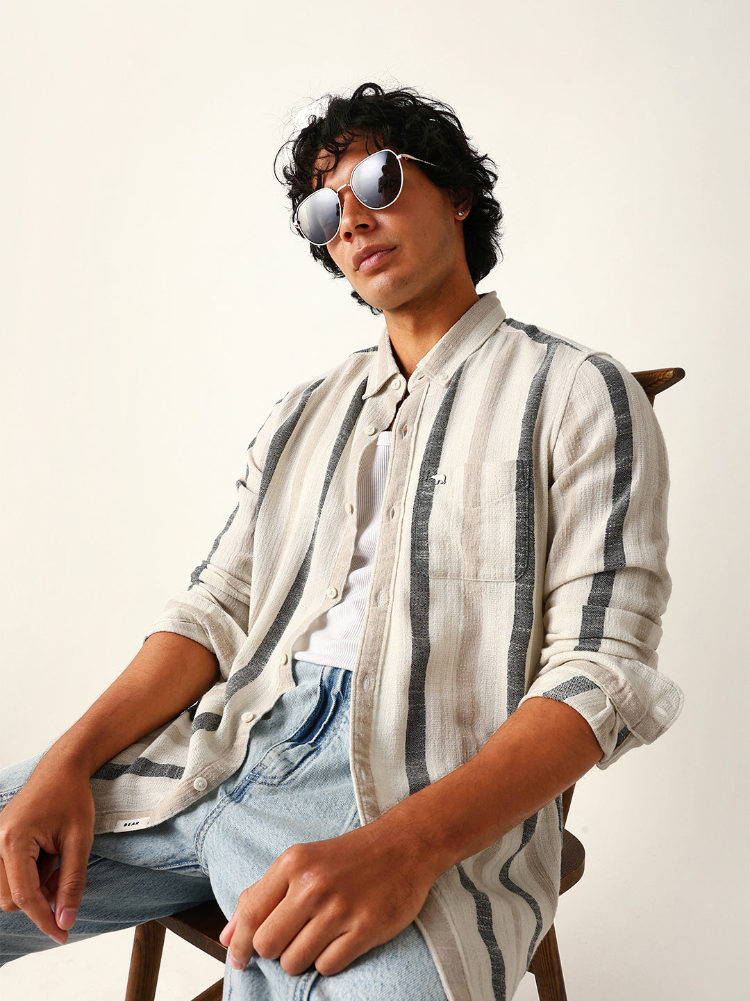 Cream Woven Vertical Stripes Slim Fit Casual Shirt