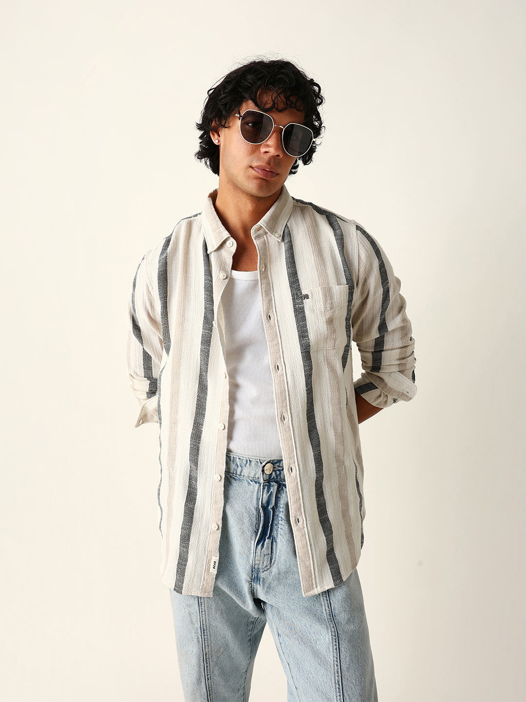 Cream Woven Vertical Stripes Slim Fit Casual Shirt
