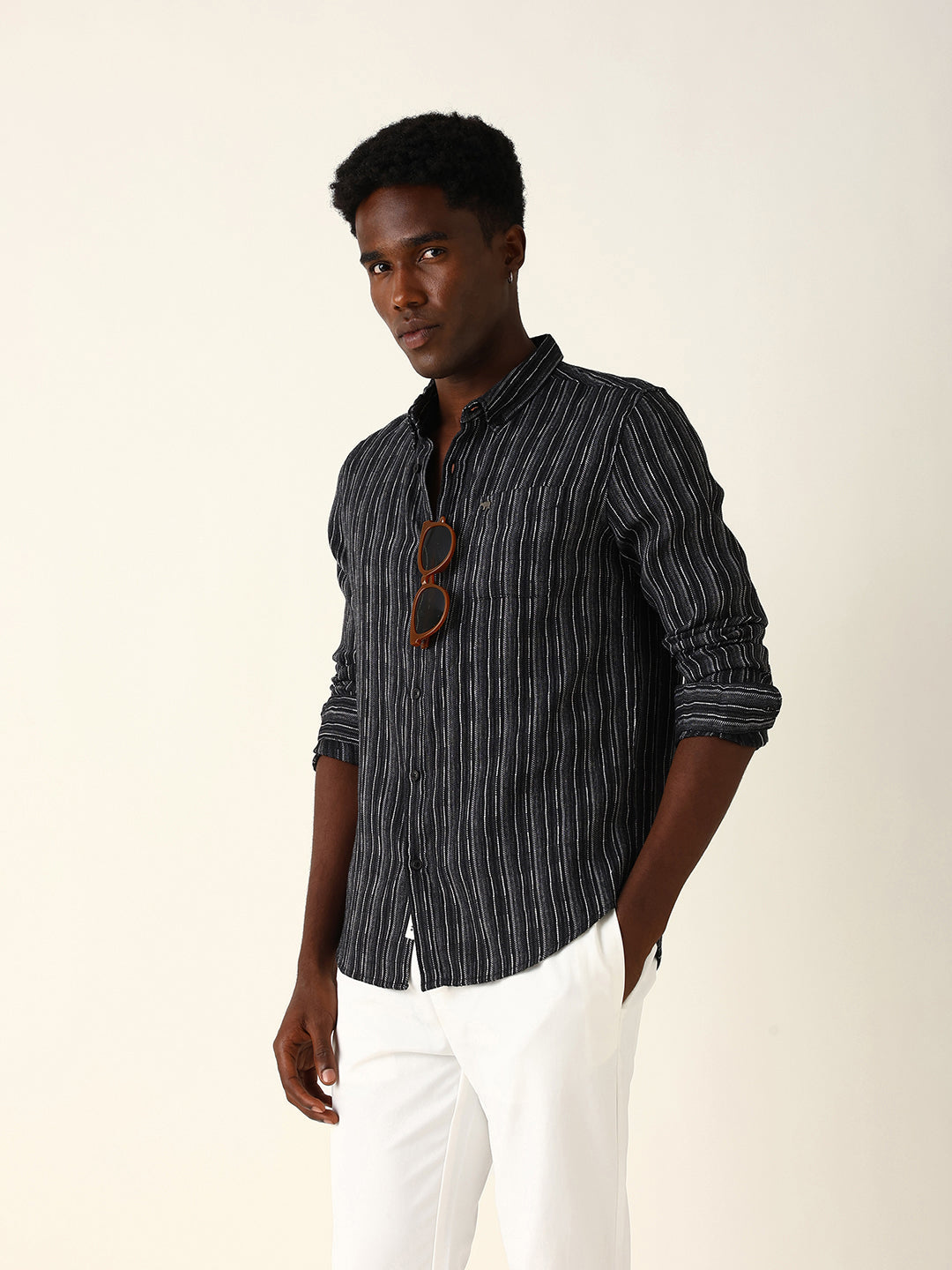 Black Slim Fit Casual Shirt with Woven Vertical Textured Stripes