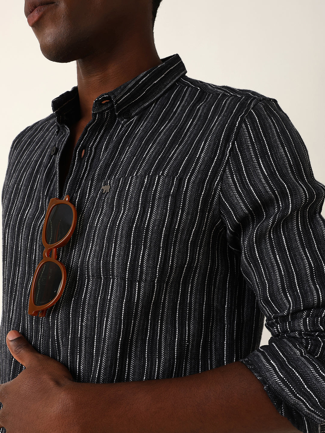 Black Slim Fit Casual Shirt with Woven Vertical Textured Stripes