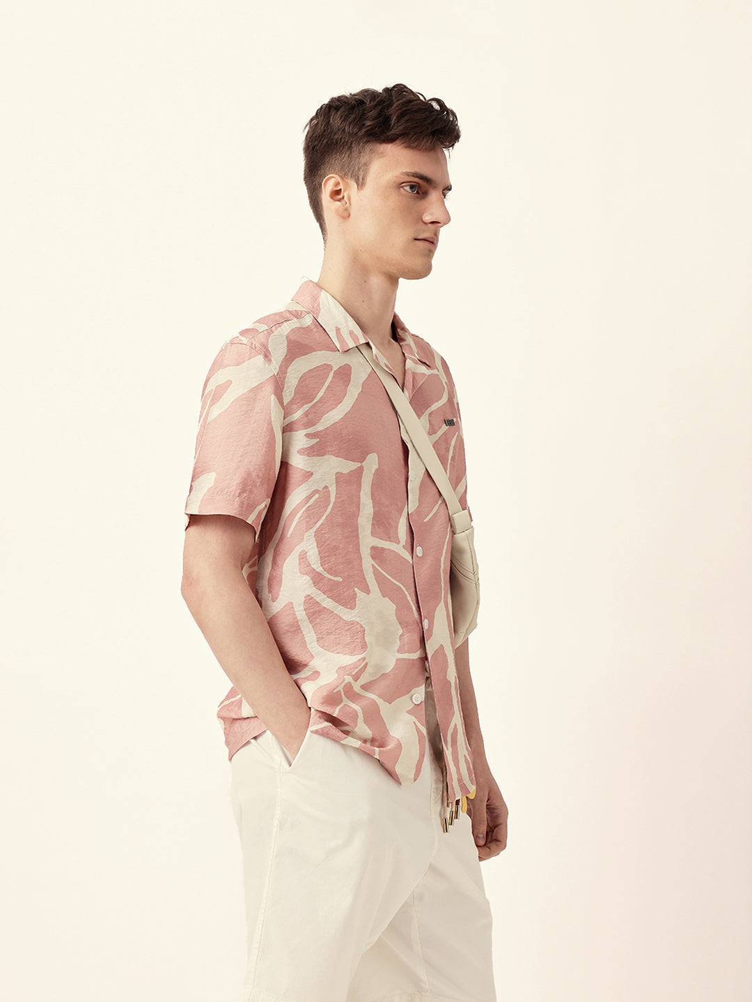 Pink with Cream Relaxed Fit Abstract Stroke Print Half Sleeve Casual Shirt