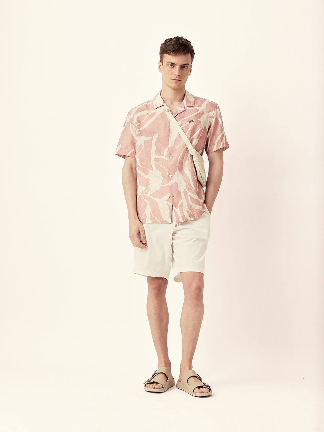 Pink with Cream Relaxed Fit Abstract Stroke Print Half Sleeve Casual Shirt