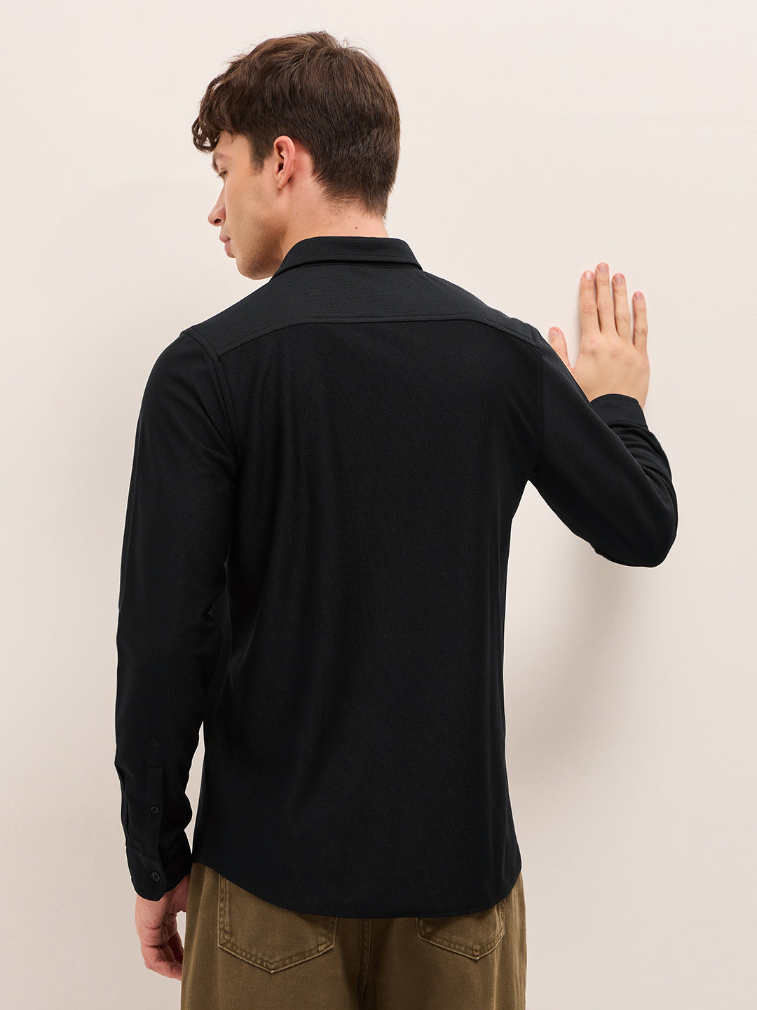 Black Woven Textured Regular Fit Casual Shirt