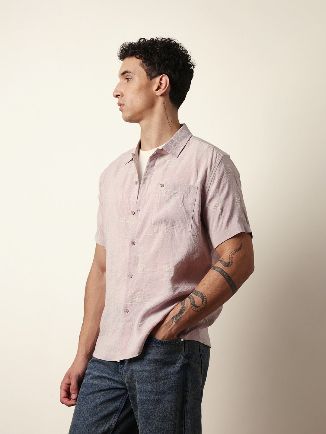 Pink Embroidered Motif Regular Fit Casual Shirt