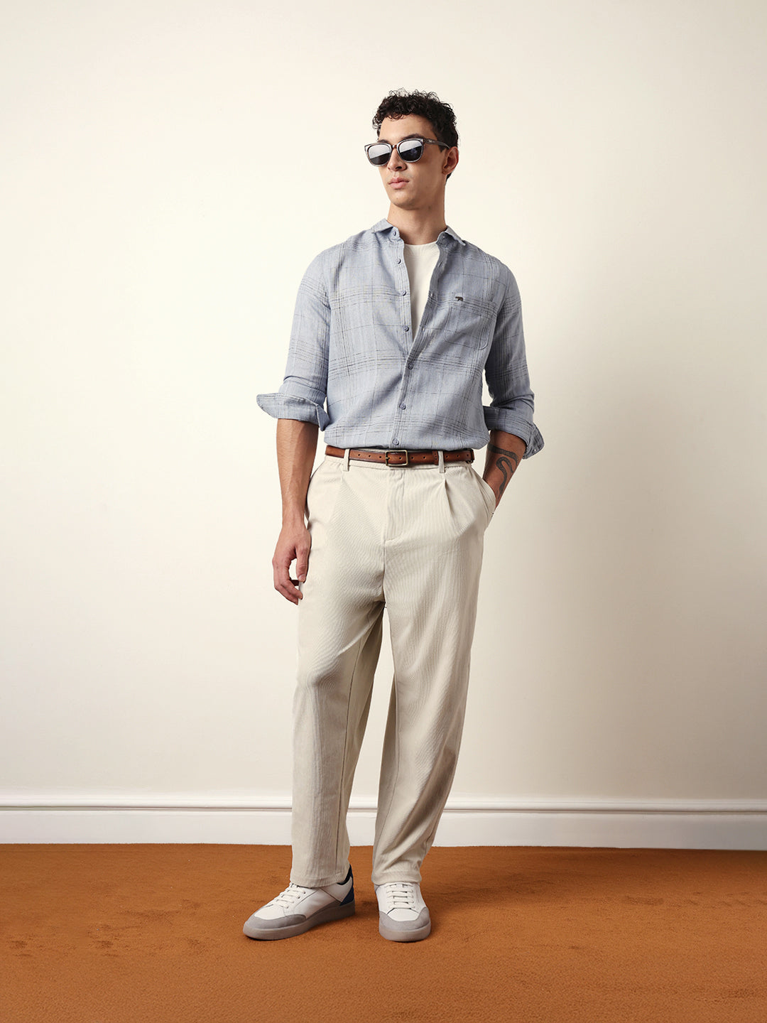 Blue Woven Checked Slim Fit Casual Shirt