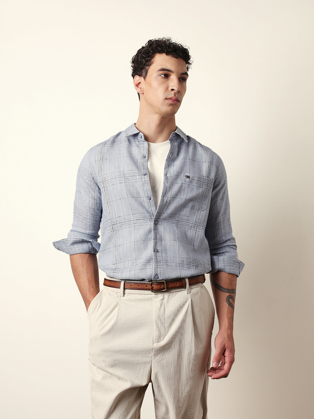 Blue Woven Checked Slim Fit Casual Shirt