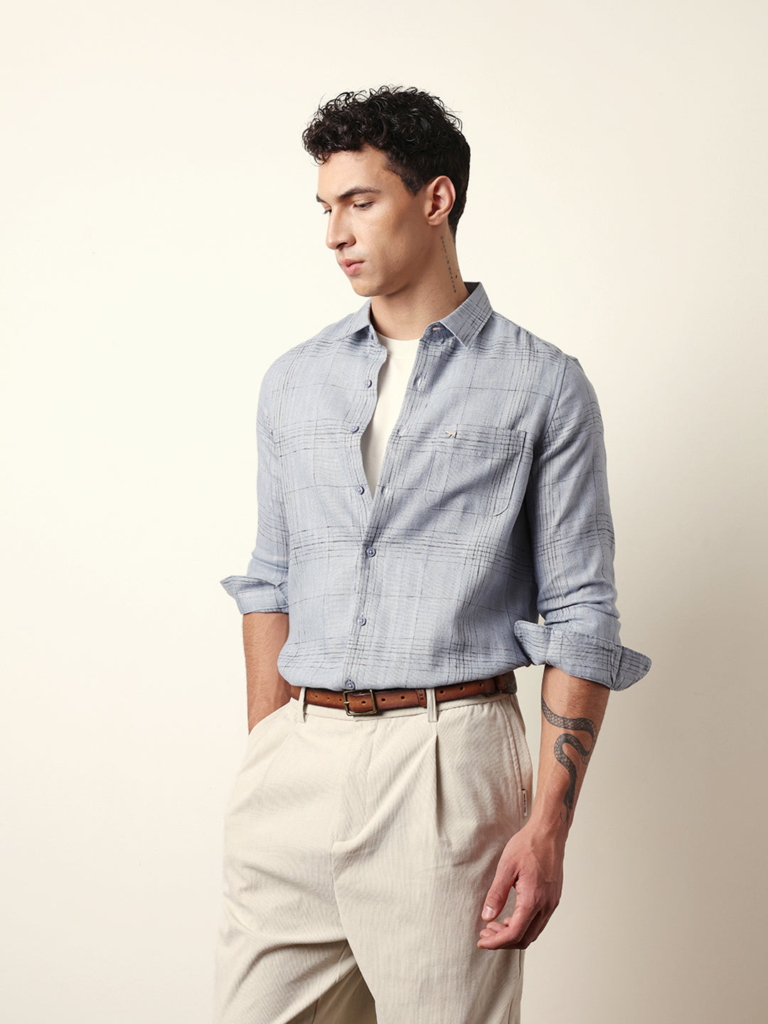Blue Woven Checked Slim Fit Casual Shirt