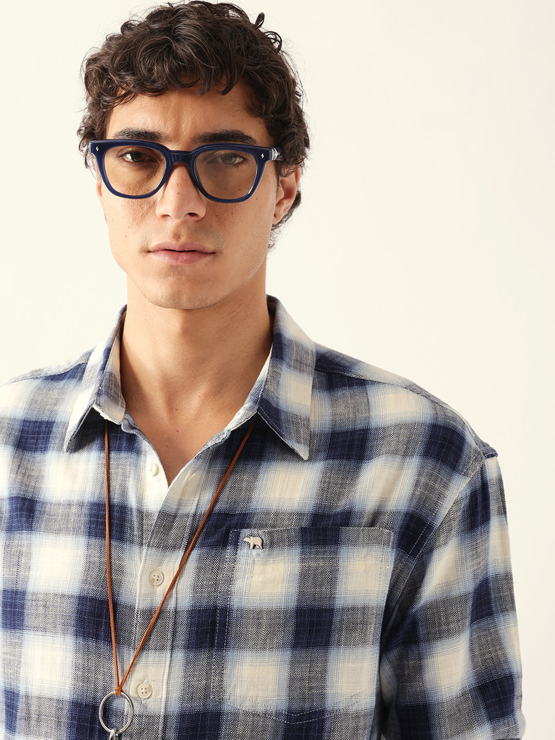 Blue & White Herringbone Check Relaxed Fit Overshirt