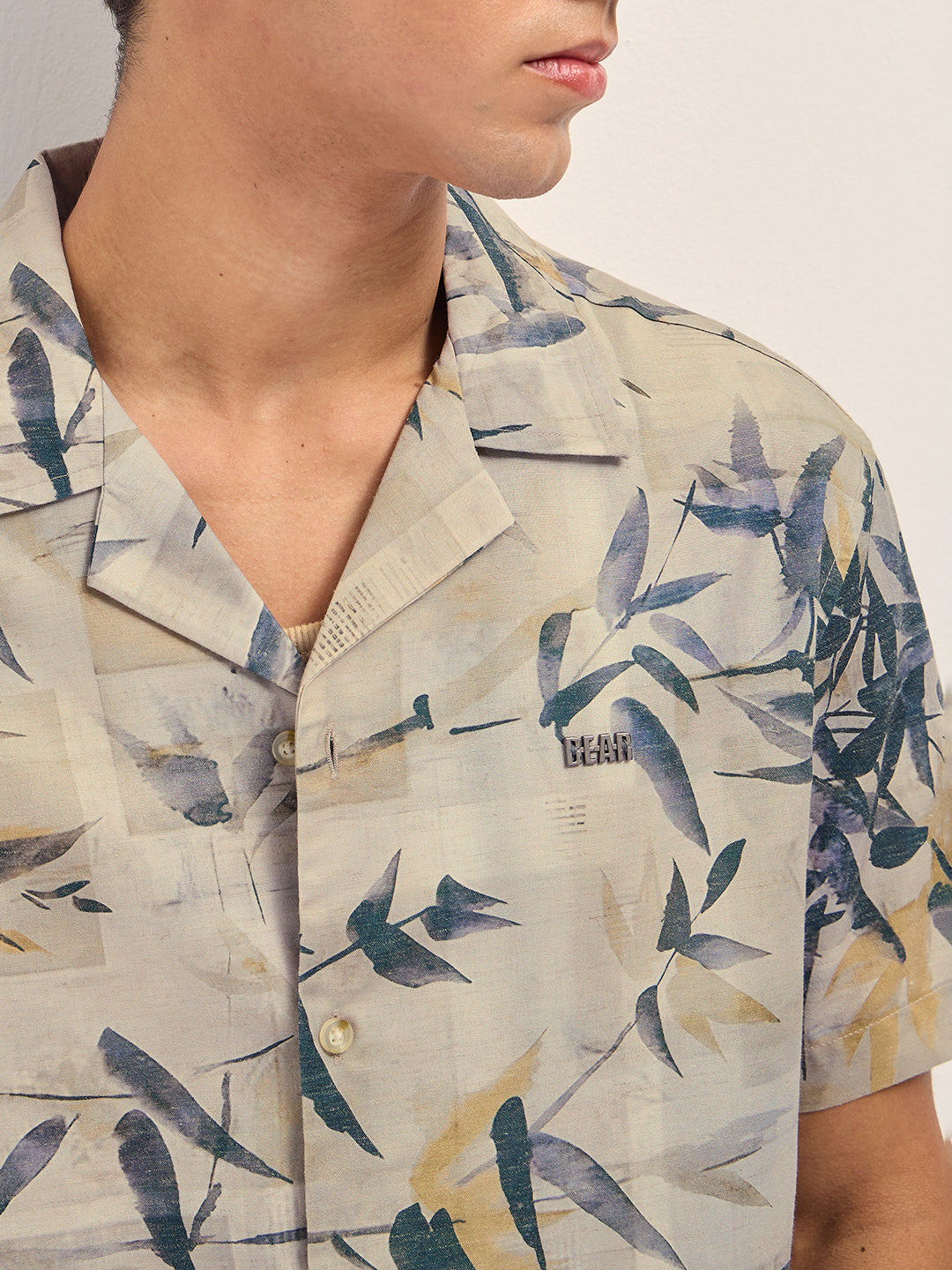 Multicolor Relaxed Fit Cuban Collar Shirt with Tropical Leaf Print