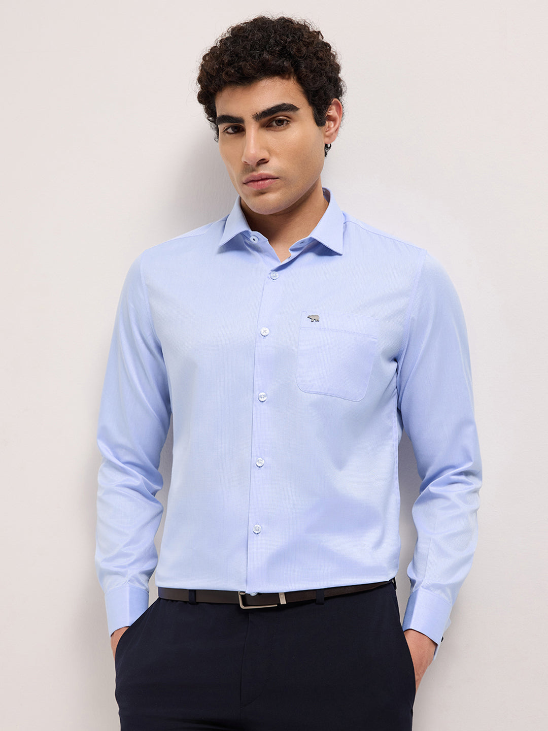 Blue Woven Micro Check Tailored Fit Formal Shirt with French Cuffs