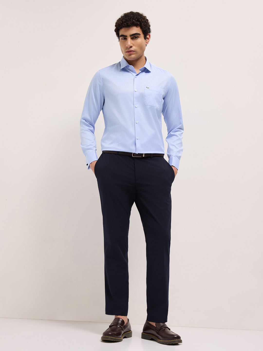 Blue Woven Micro Check Tailored Fit Formal Shirt with French Cuffs