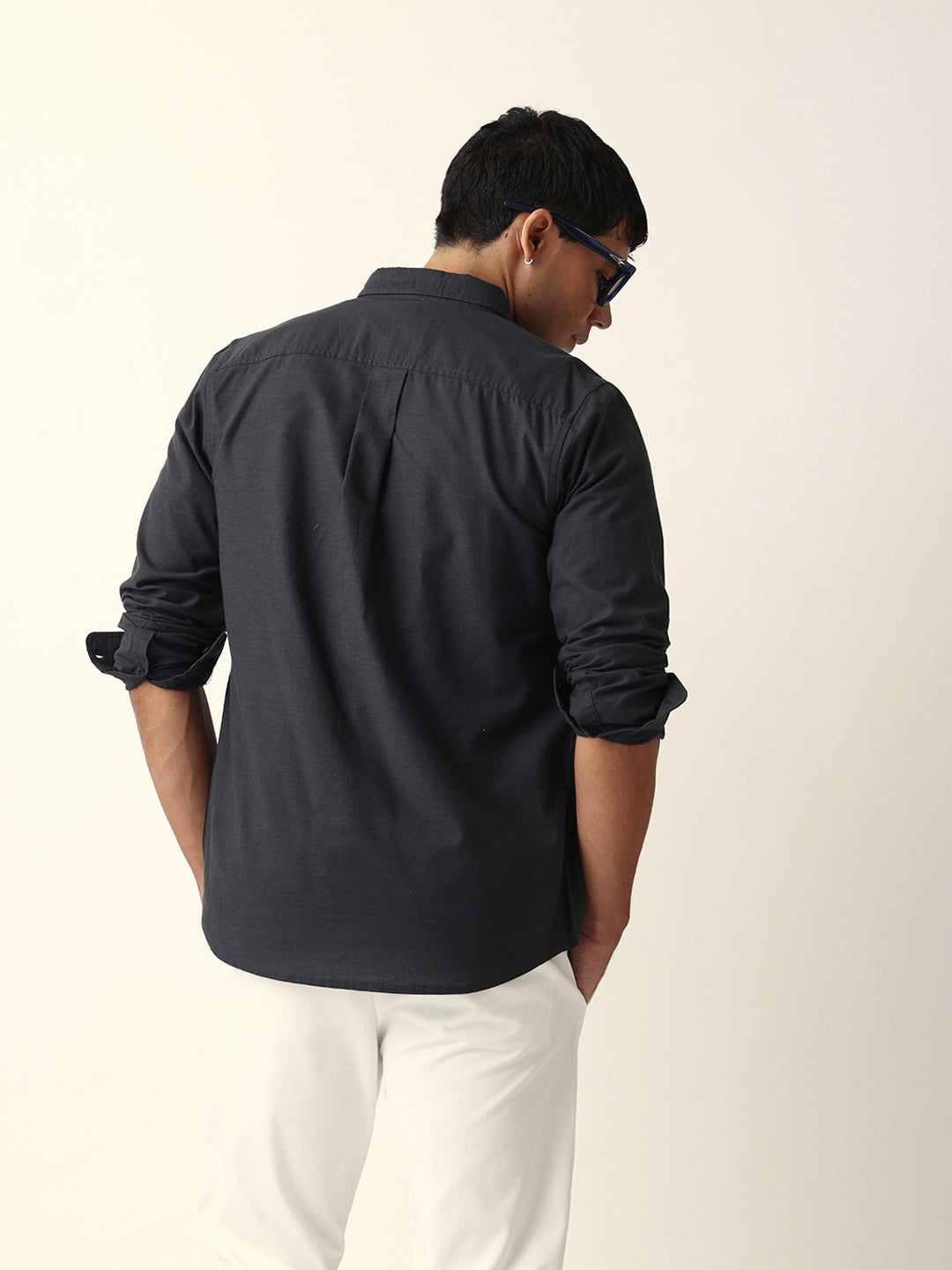 Black Solid Slim-Fit Casual Shirt with Button-Down Collar