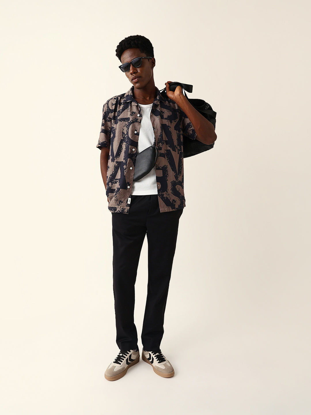 Black & Brown Bold Typographic Print Cuban Collar Relaxed Fit Casual Shirt