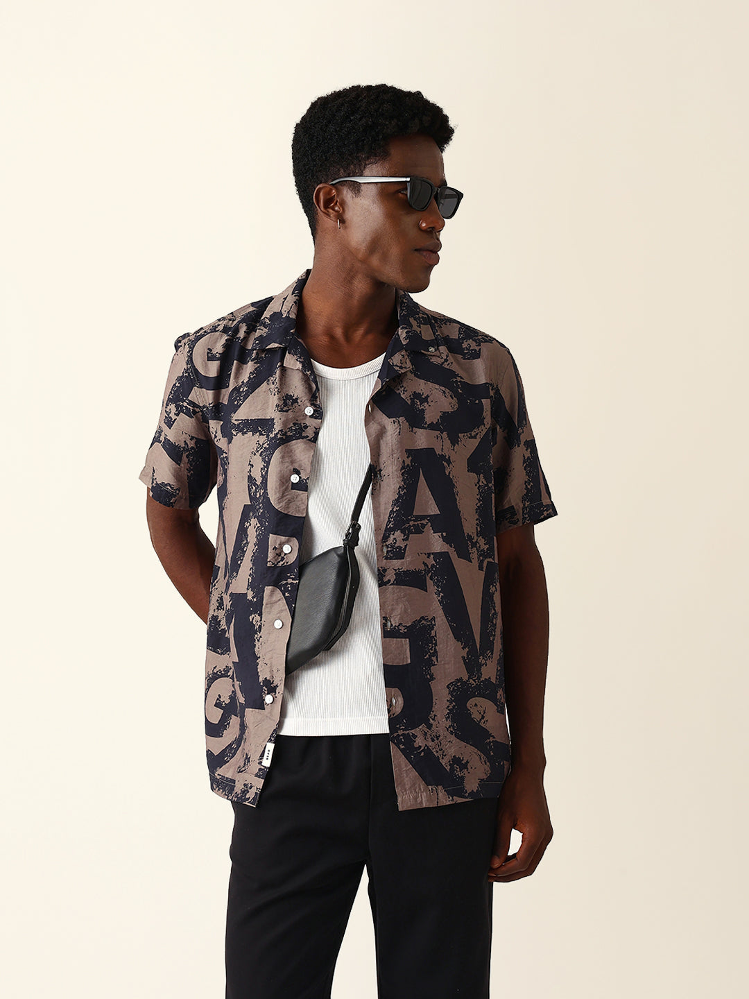 Black & Brown Bold Typographic Print Cuban Collar Relaxed Fit Casual Shirt
