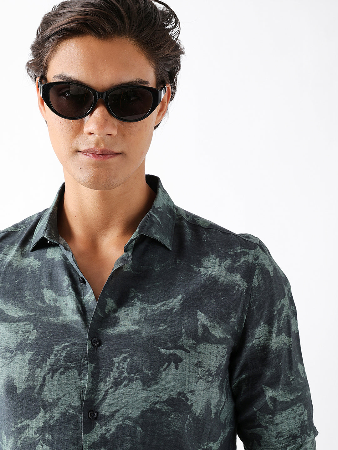 Sage Green Slim Fit Abstract Brush Print Casual Shirt
