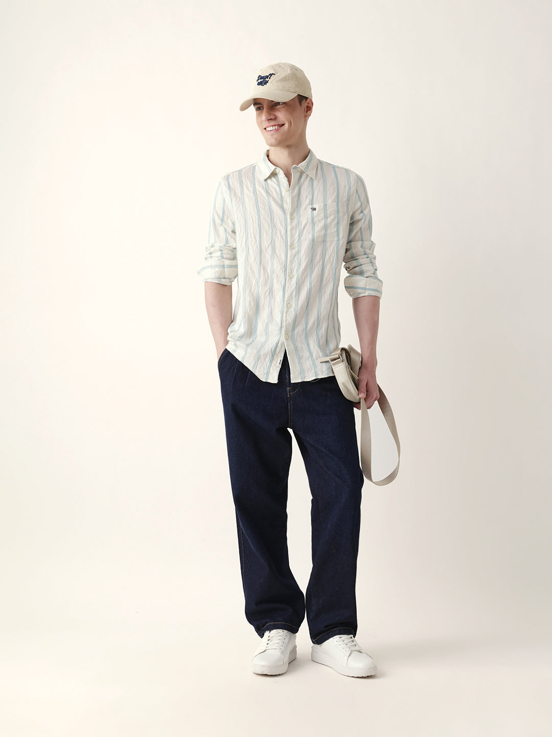 Teal & Cream Seersucker Vertical Pinstripe Slim Fit Casual Shirt