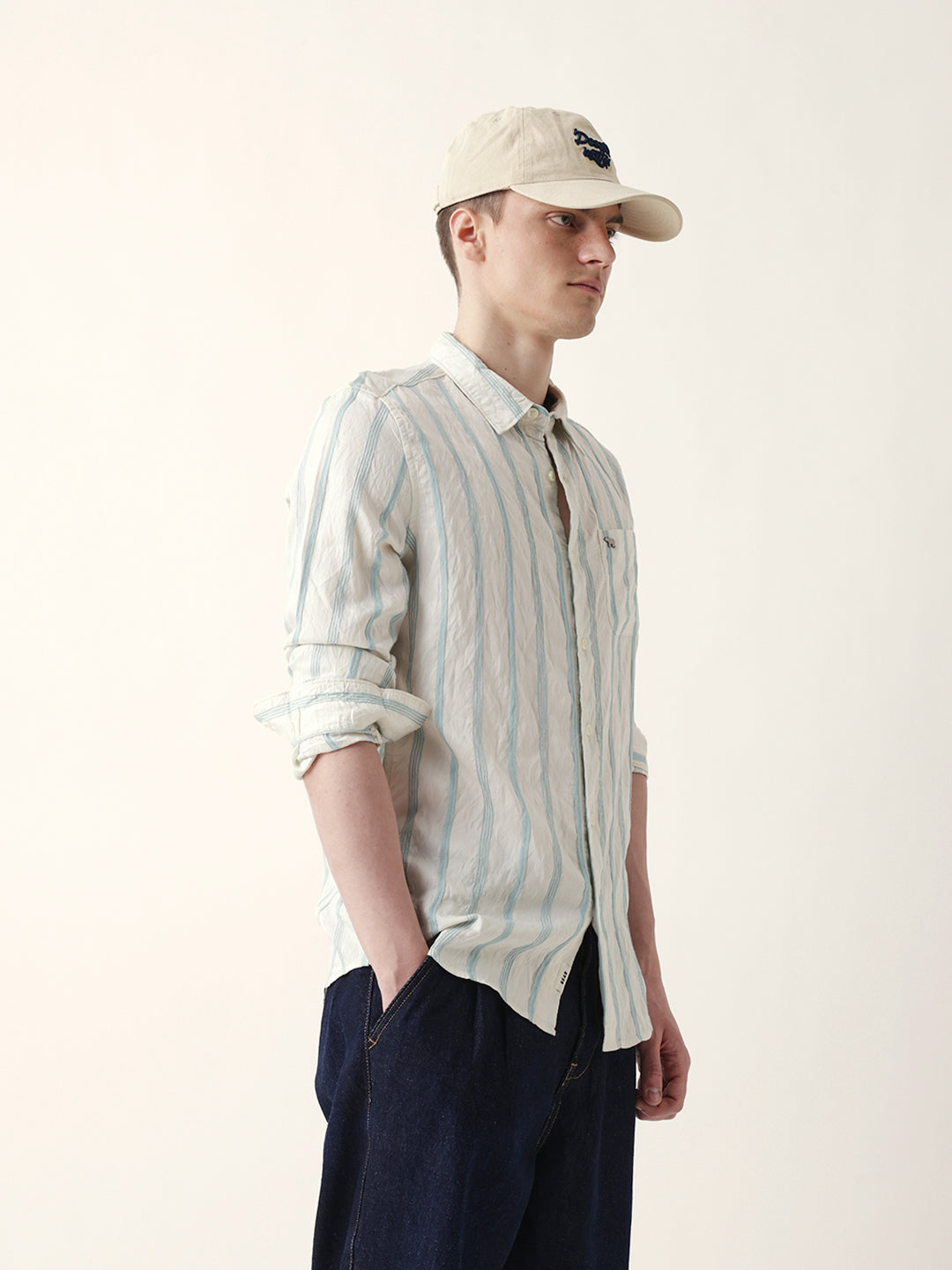 Teal & Cream Seersucker Vertical Pinstripe Slim Fit Casual Shirt