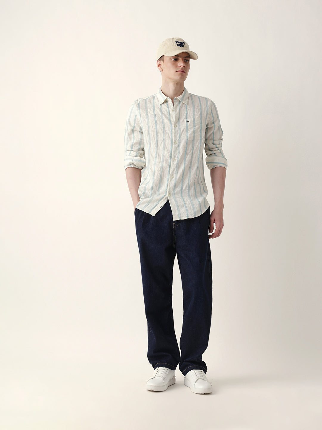 Teal & Cream Seersucker Vertical Pinstripe Slim Fit Casual Shirt
