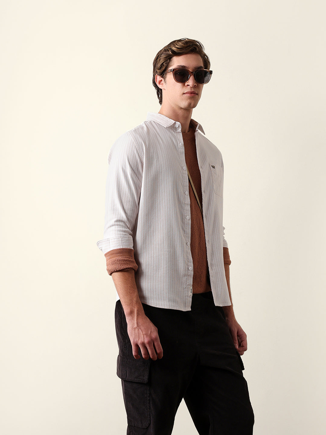 Beige & White Slim-Fit Casual Shirt with Vertical Pine Stripes