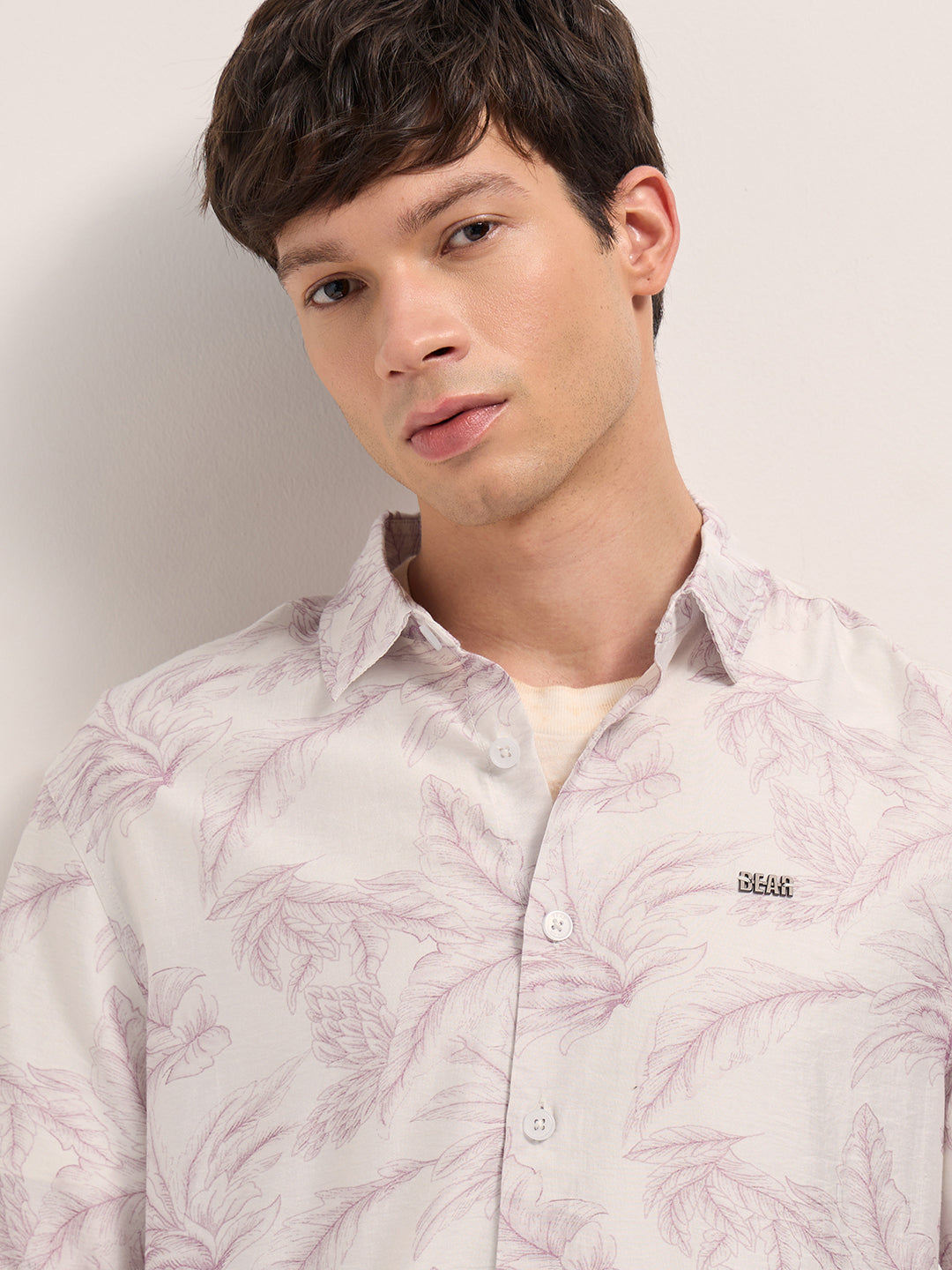 Peach and White Leafy Botanical Print Relaxed Fit Casual Shirt