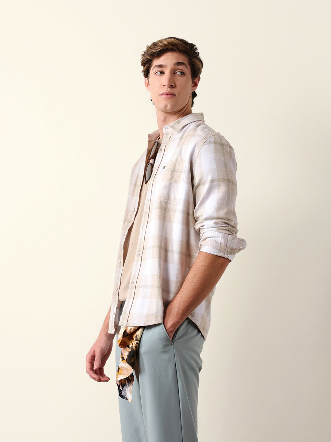 Beige & Green Checked Flannel Regular Fit Casual Shirt
