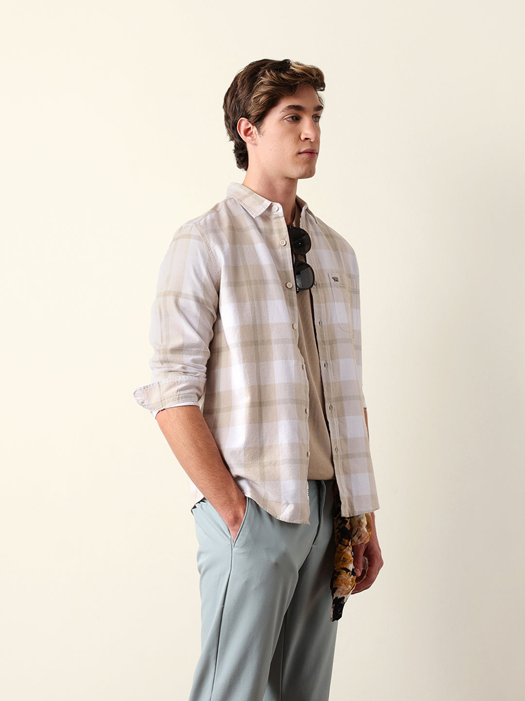 Beige & Green Checked Flannel Regular Fit Casual Shirt