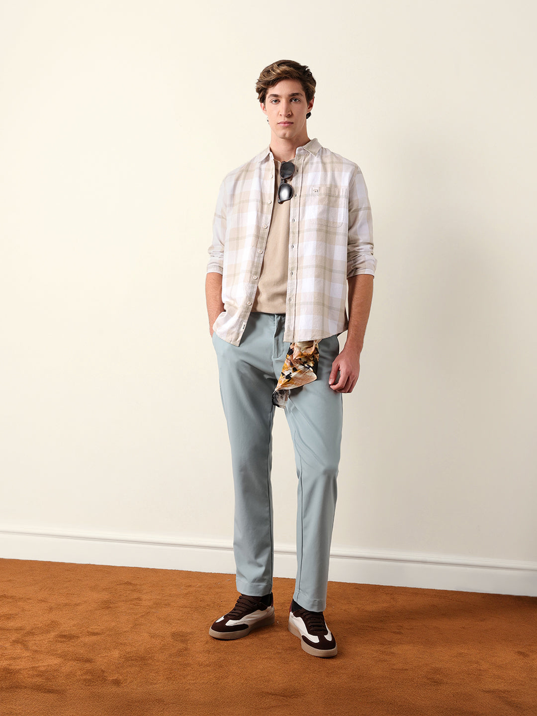 Beige & Green Checked Flannel Regular Fit Casual Shirt