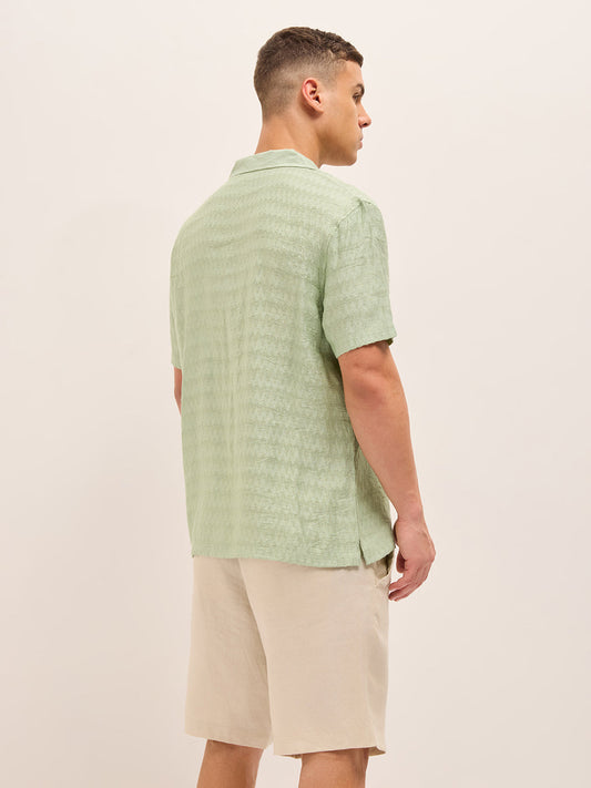 Light Green Zigzag Textured Weave Relaxed Fit Half Sleeve Casual Shirt