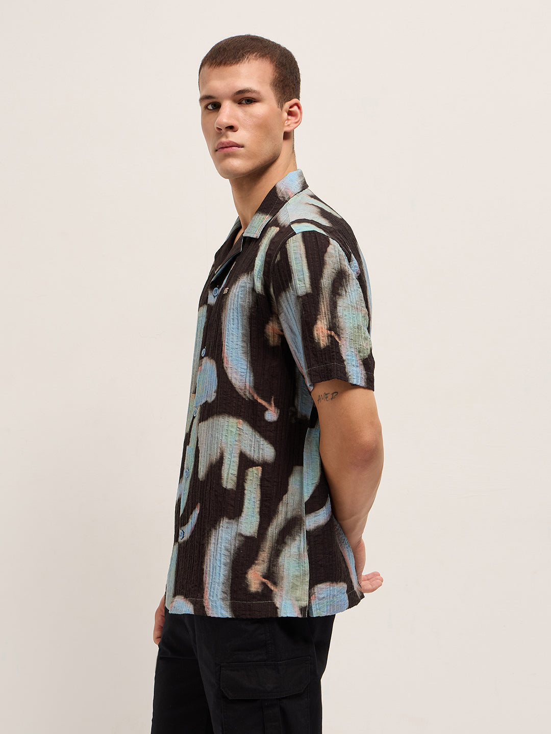Black Viscose Abstract print Relaxed Fit Cuban Collar Shirt