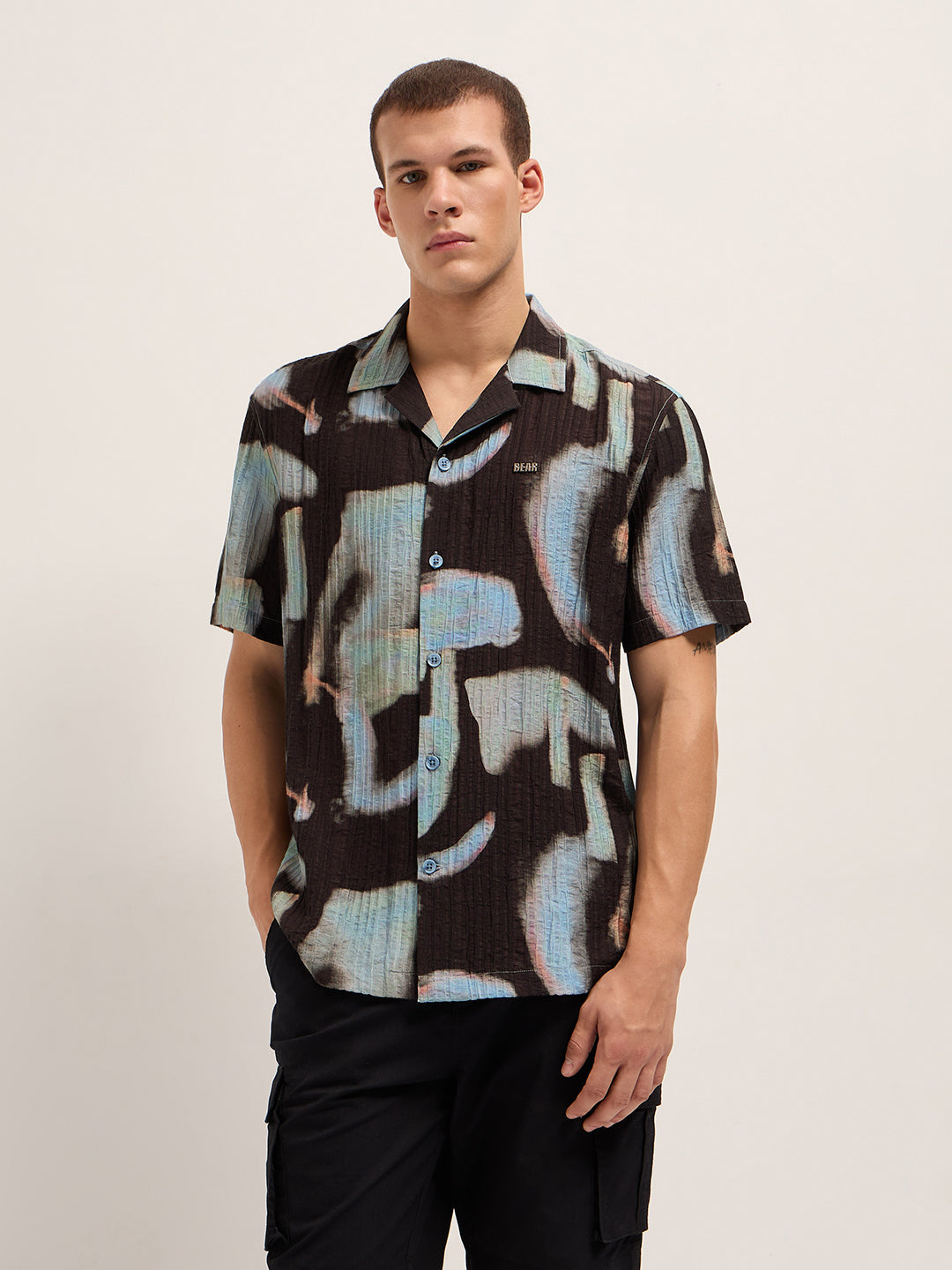 Black Viscose Abstract print Relaxed Fit Cuban Collar Shirt