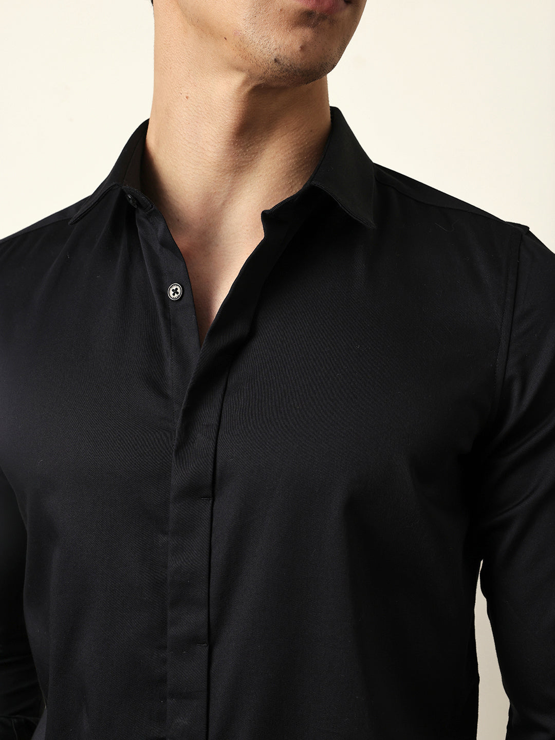 Black Tailored Fit Solid Formal Shirt with Concealed Button Placket