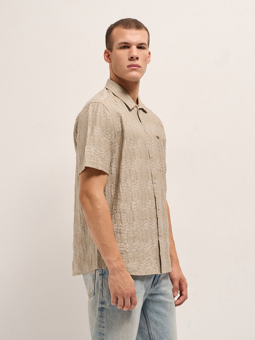 Beige Crinkle Textured Regular Fit Half-Sleeve Casual Shirt