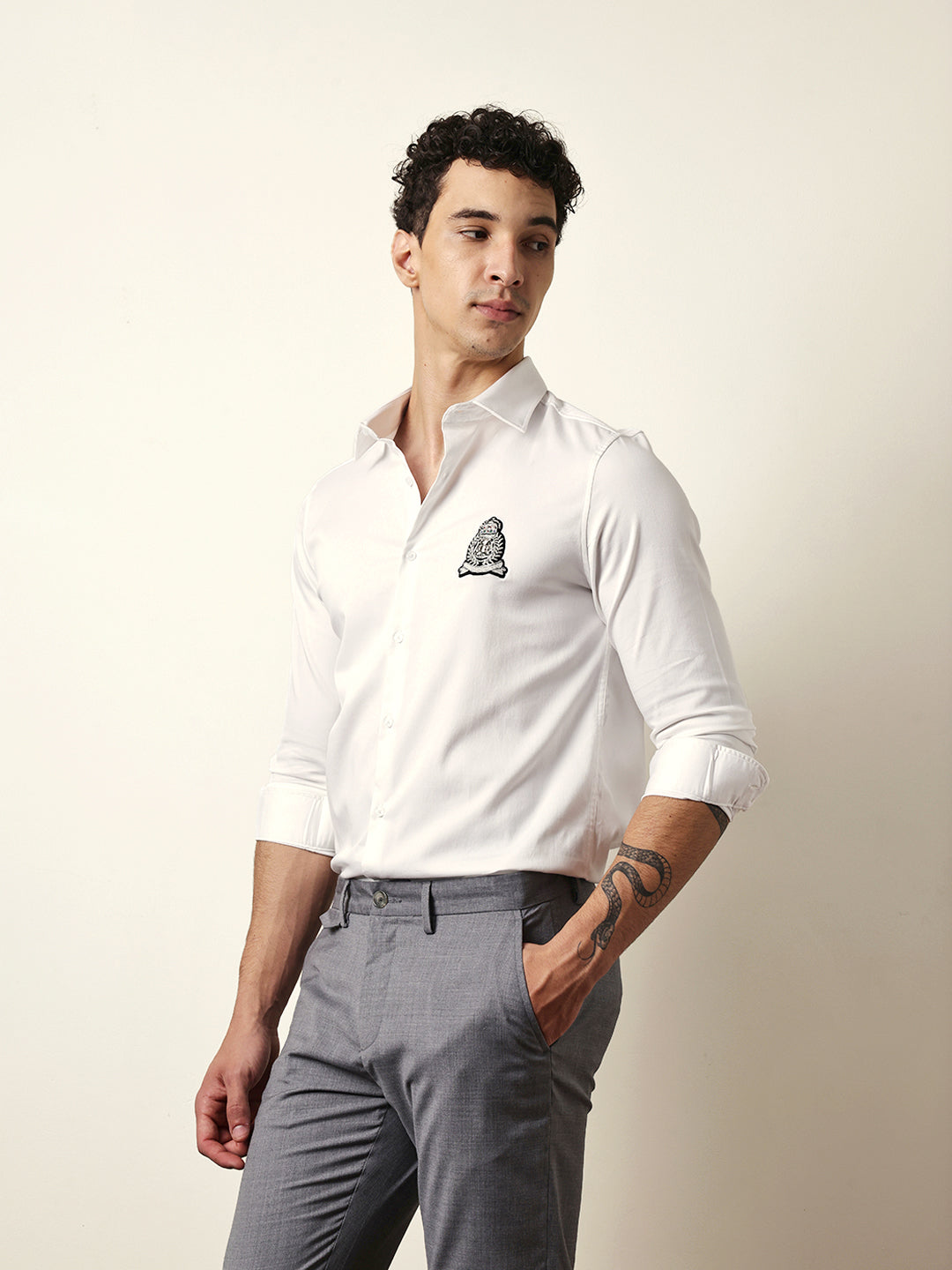 White Tailored Fit Regal Crest Embroidery Formal Party Shirt