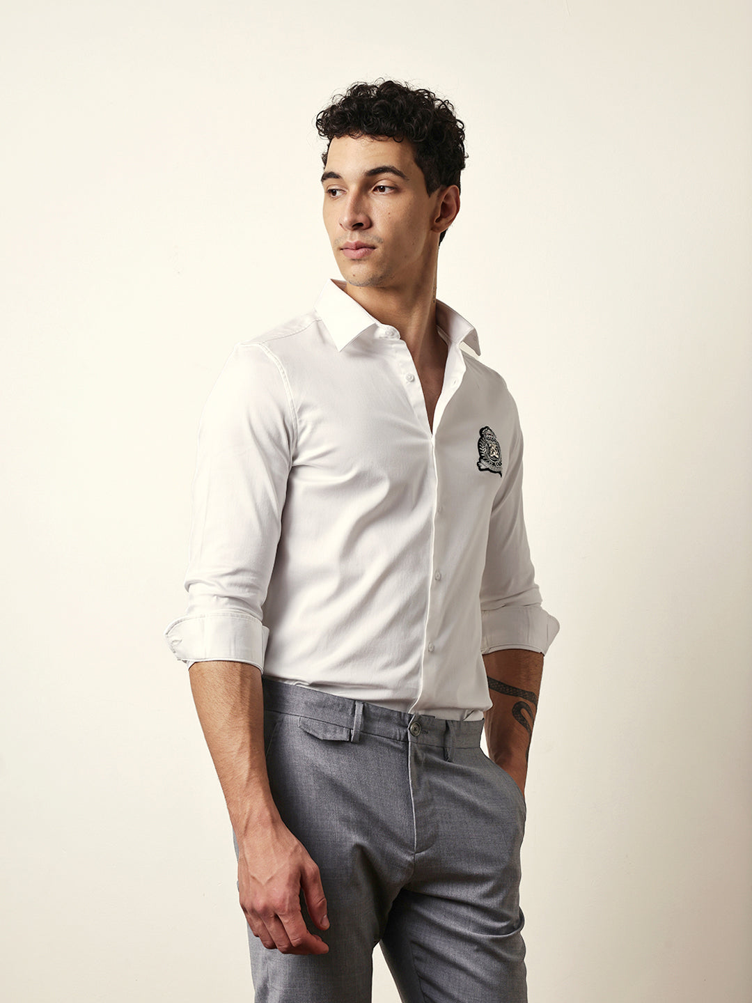 White Tailored Fit Regal Crest Embroidery Formal Party Shirt