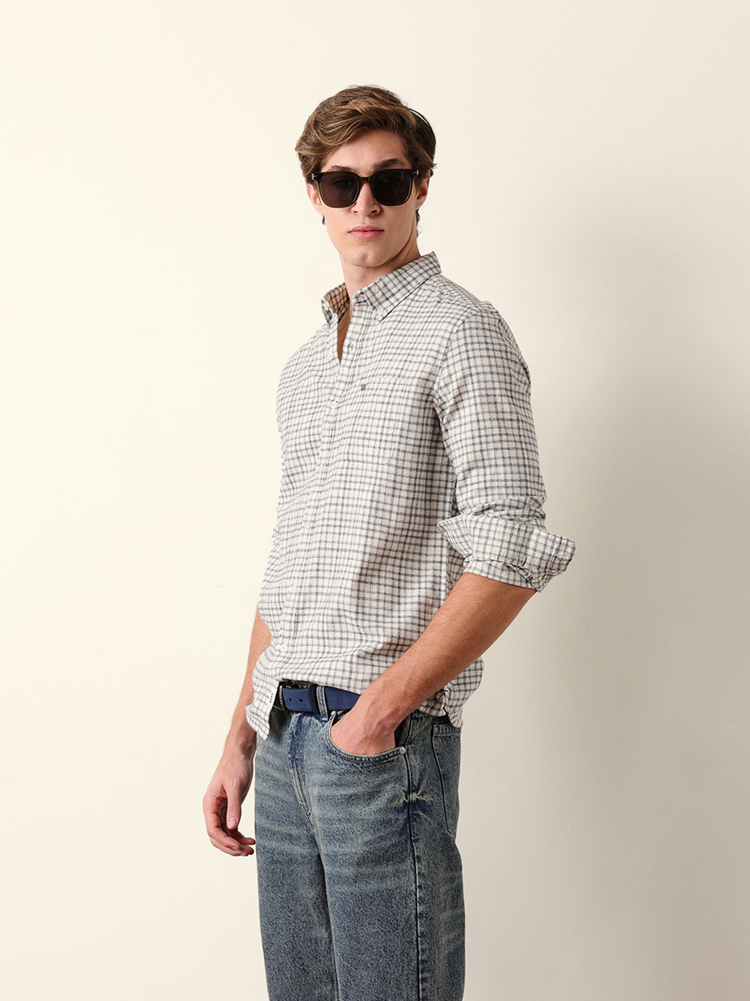 White Woven Check Slim Fit Casual Shirt